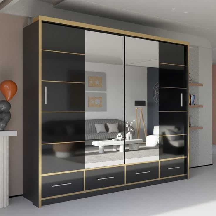 Heaven High Gloss Mirror Sliding Door Wardrobe with Drawers - Black & Gold 203cm