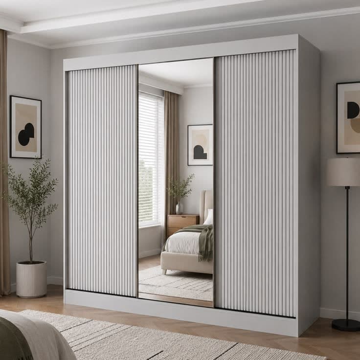 Berlin 250cm Grey Sliding Door Wardrobe with Mirror and Ribbed Panel