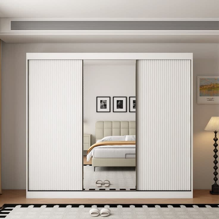 Berlin 250cm White Sliding Door Wardrobe with Mirror and Ribbed Panel