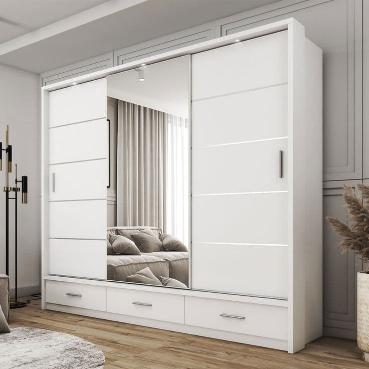 Durango 250cm 3-Door Sliding Wardrobe with Mirror & Integrated Drawers - Matt White