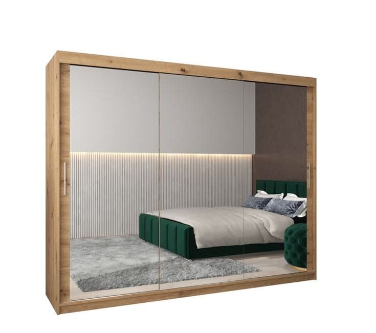 Tokyo III 250cm Full Mirror 3-Door Sliding Wardrobe - Oak Artisan