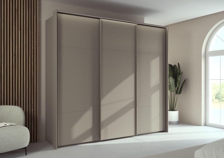 Rauch Haven 250cm 3 Door Slider Wardrobe with Décor Doors and Lights - Taupe Greige