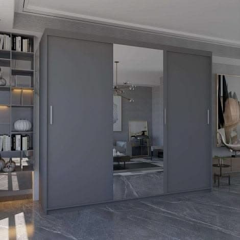 Miami 250cm 3-Door Sliding Wardrobe with Full-Length Mirror - Grey