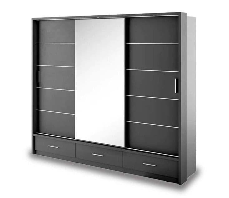 Sheffield Grey 250cm 3-Door Sliding Wardrobe with Mirror, Drawers & Lights