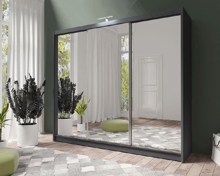 Paris Lux 250cm 3-Door Full Mirror Sliding Wardrobe with Light - Graphite