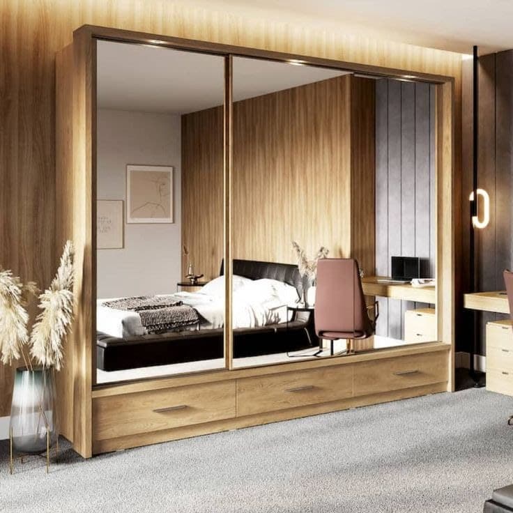Arti 23 250cm 3-Door Full Mirror Sliding Wardrobe with Drawers - Oak Shetland