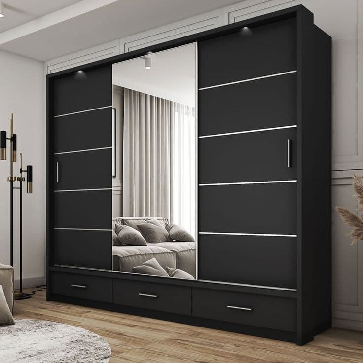Durango Matt Black 250cm 3-Door Sliding Wardrobe with Mirror, Drawers & Lights