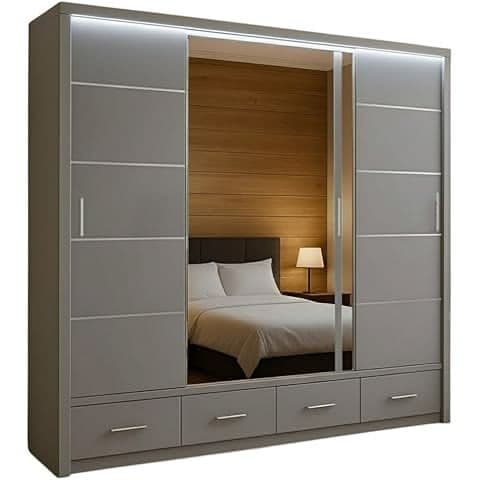 Arti 2 250cm 3-Door Sliding Wardrobe with Mirror, Drawers & LED Light - Grey