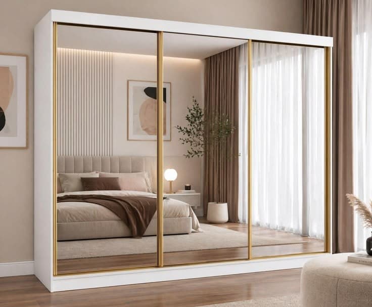 Dubai Gold 250cm 3-Door Full Mirror Sliding Wardrobe - White