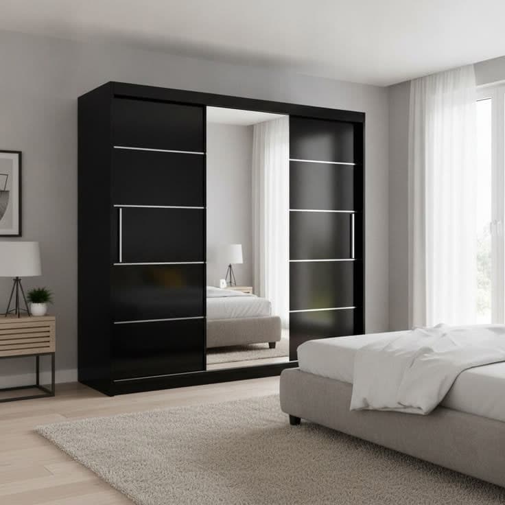 Linden 250cm 3-Door Sliding Wardrobe with Mirror - Matt Black