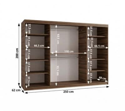 Arten Vigo 250cm 3-Door Sliding Wardrobe with Dimension Blueprint - Oak