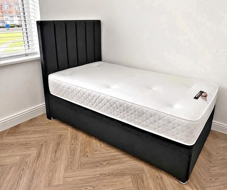 Verona Vertical Paneled Upholstered Single Divan Bed - Black Velvet
