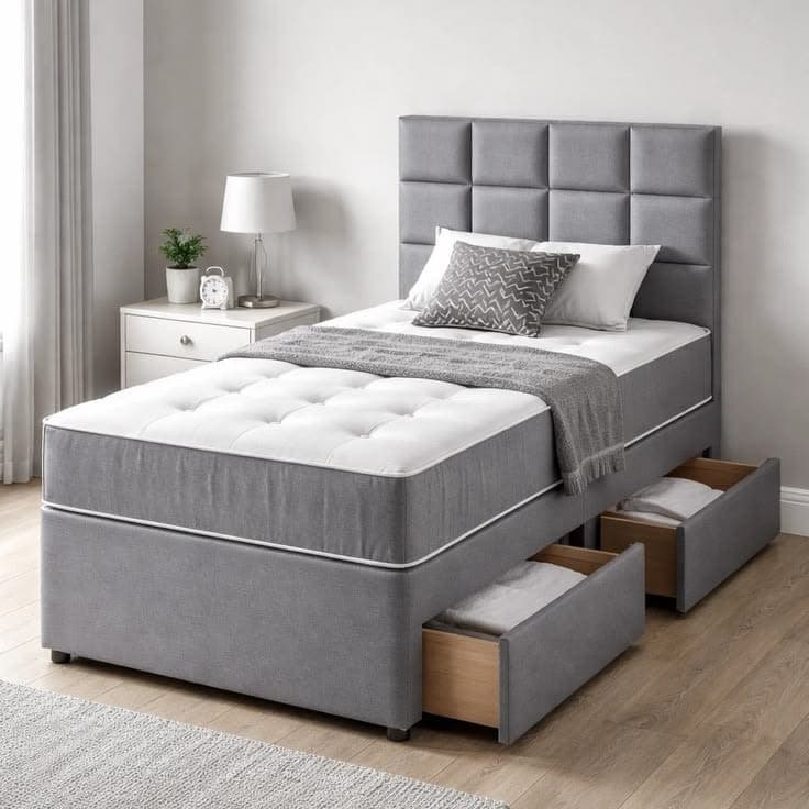 Single Upholstered Divan Bed with Storage, Mattress & Free Delivery UK