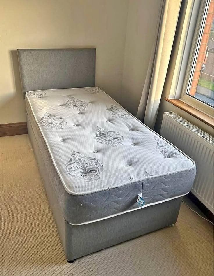 Classic Grey Upholstered Single Divan Bed with Patterned Mattress
