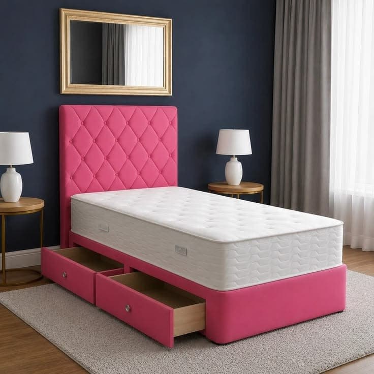 Diamond Tufted Upholstered Single Divan Bed with Storage Drawers