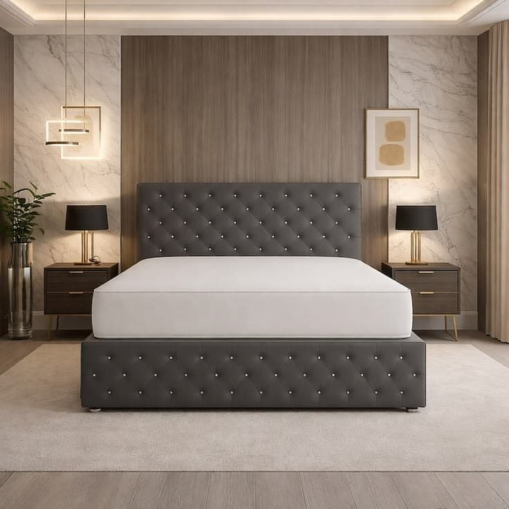 Grey Plush Chesterfield Upholstered Double Divan Bed with 2 Storage Drawers