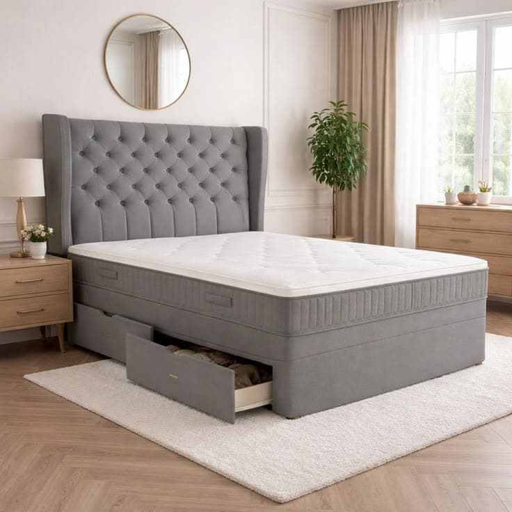 Wingback Chesterfield Upholstered Double Divan Bed with Storage Drawers & Mattress