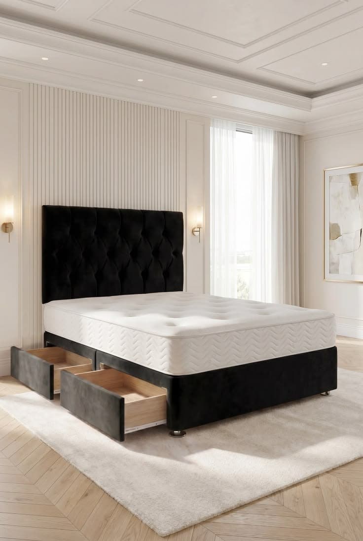 Black Diamond Upholstered Divan Bed Set with Storage Drawers & Mattress