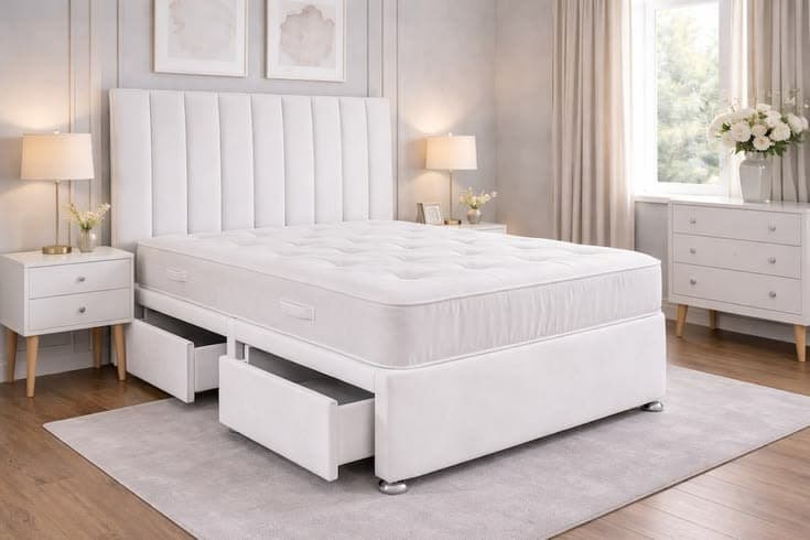 5FT Kingsize White Plush Divan Bed With Panel Headboard & Orthopedic Mattress - 2 Drawers