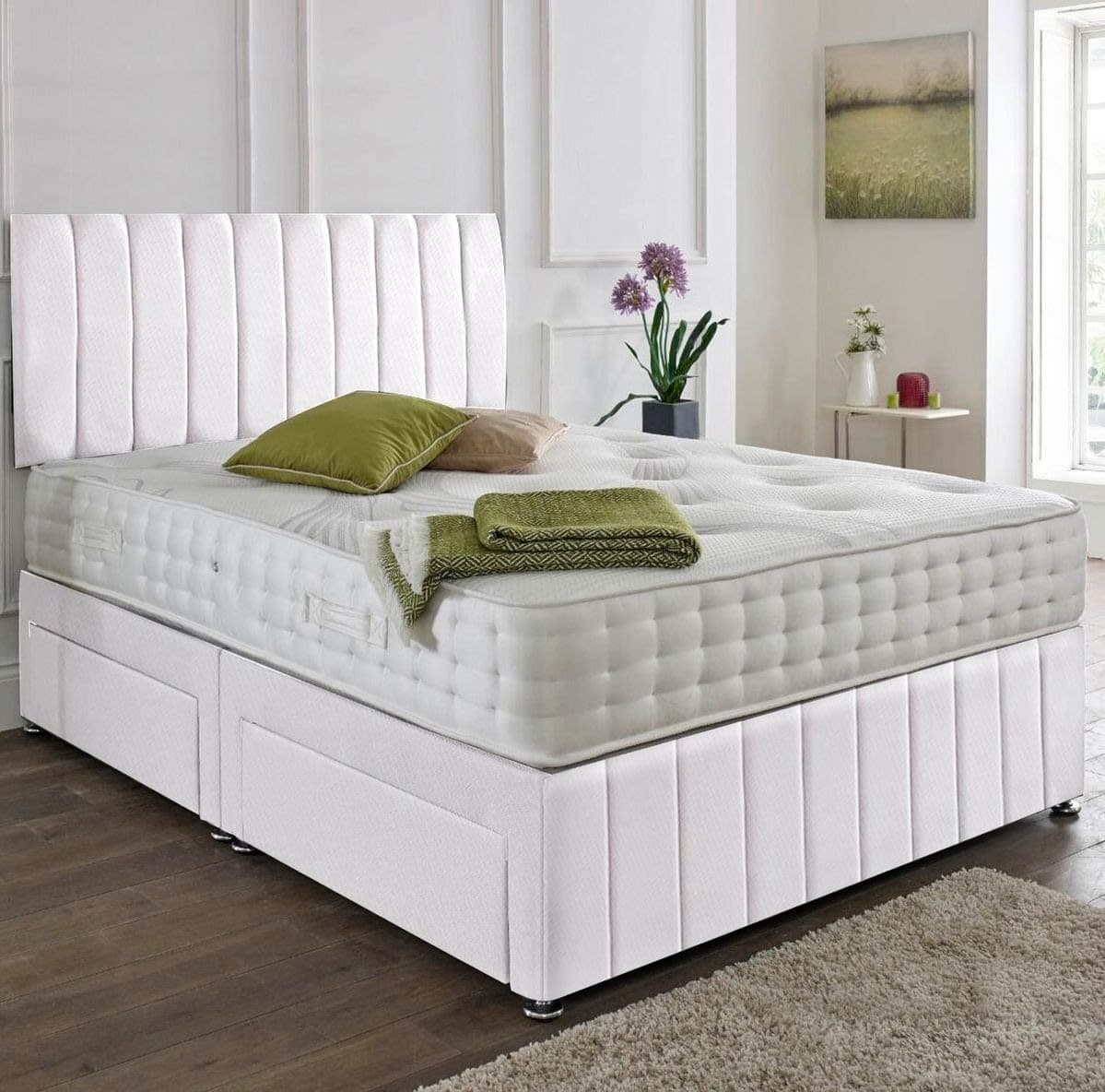 White Vertical Paneled Upholstered Divan Bed Set with Storage & Mattress