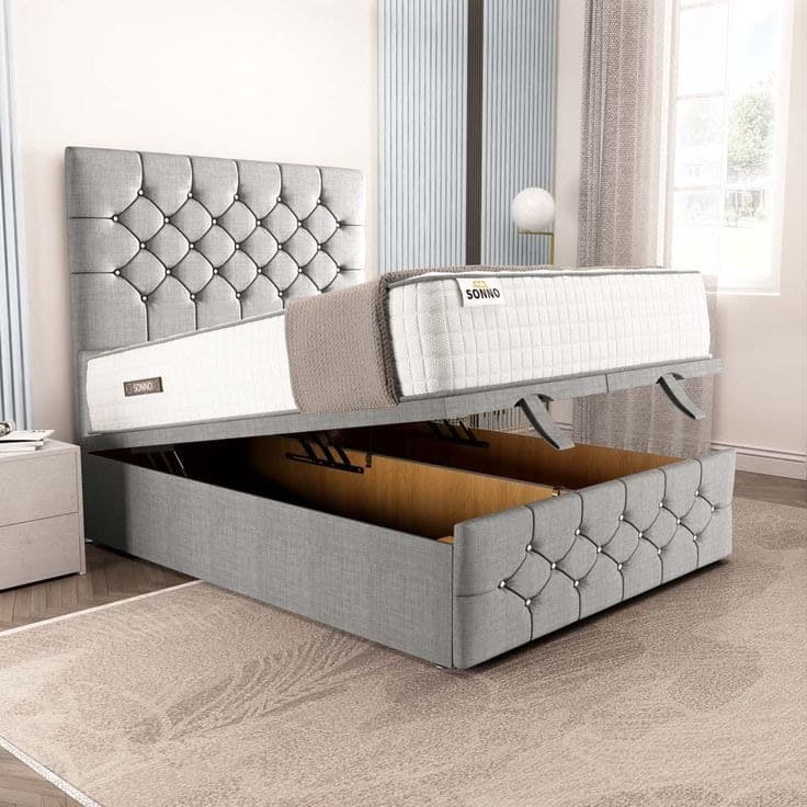 Suva Ottoman Divan Bed - Silver Linoso, Double 4FT6 & 54 Floor Standing Headboard