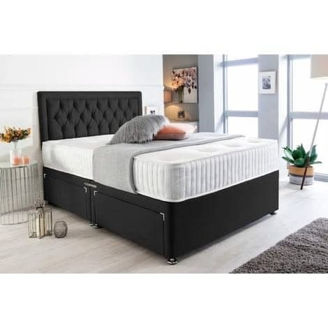 Black Suede Divan Bed Set with 20 Headboard, 10 Spring Foam Mattress & 2 Drawers - 4ft6 Double