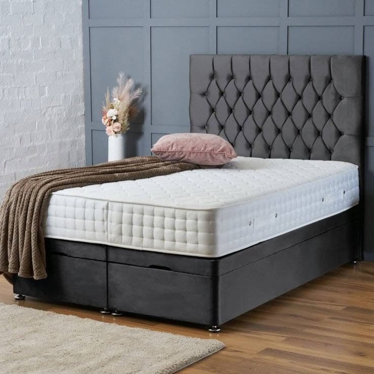 BSSPOKE Mia Ottoman Divan Bed Plush Velvet 54 Headboard & Mattress in Charcoal - Small Double