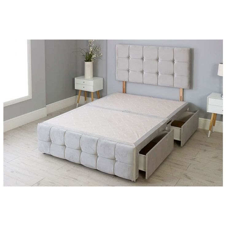 Light Grey Plush Divan Bed Base with Cube Headboard, Footboard & 2 Storage Drawers