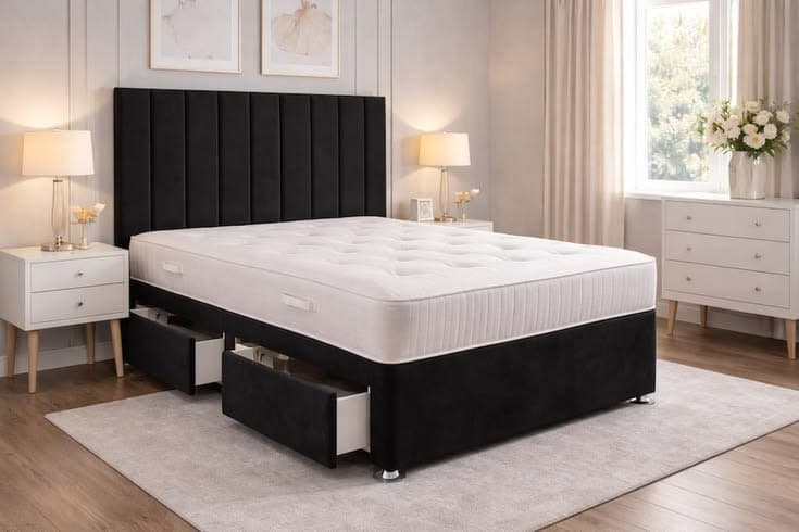 Black Plush Divan Bed Set with Vertical Panel Headboard, Memory Mattress & 2 Same-Side Drawers