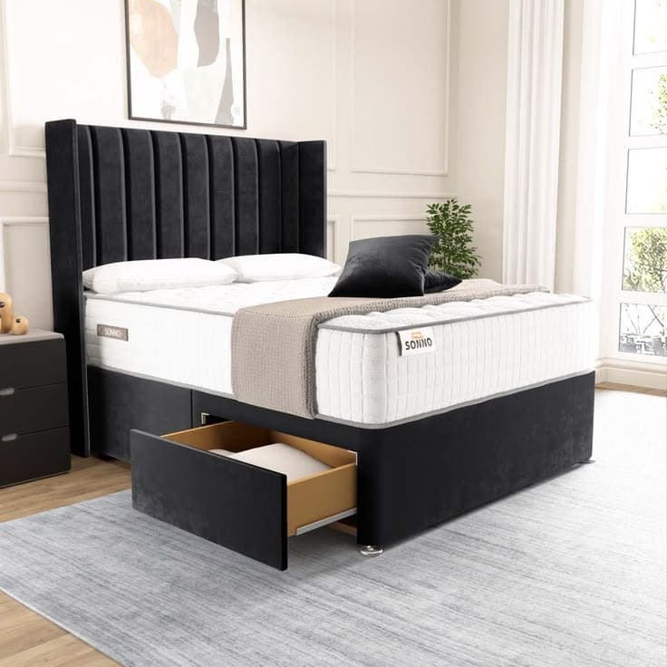 Prague Wingback Divan Bed Set with Black Plush Velvet Finish & 54 Headboard