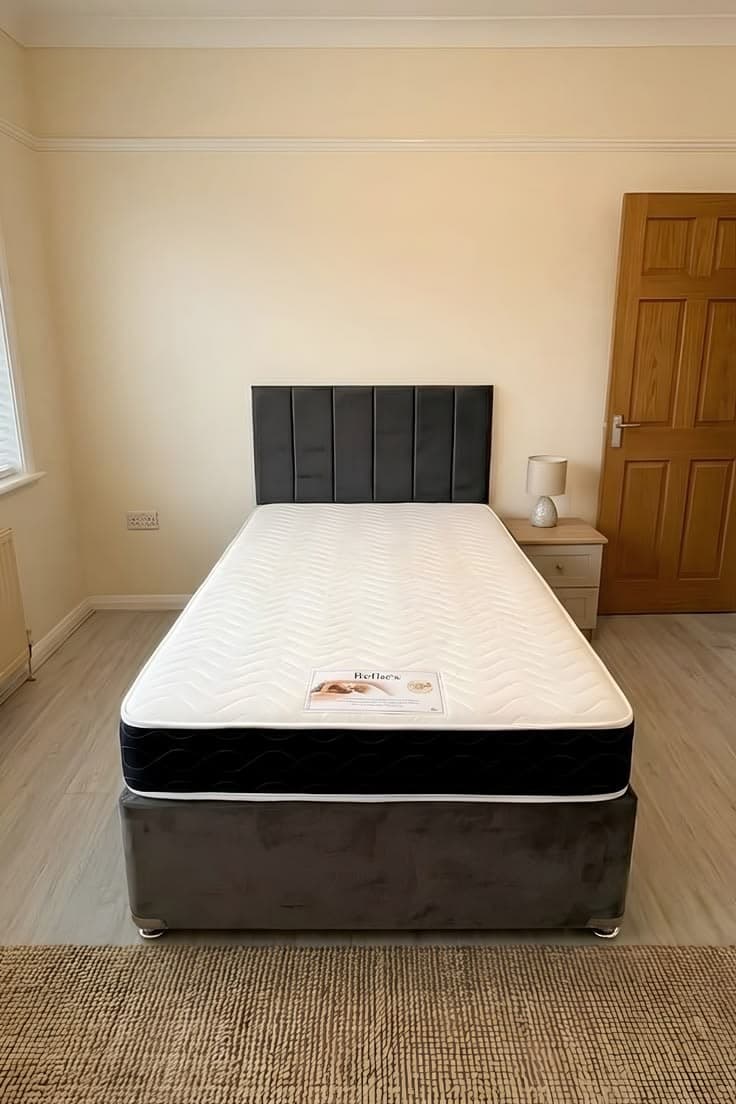 Grey Upholstered Single Divan Bed Set with Vertical Panel Headboard & Mattress