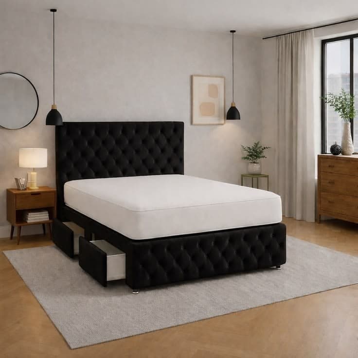 4FT6 Double Black Plush Divan Bed Set with Headboard, Footboard & 4 Drawers