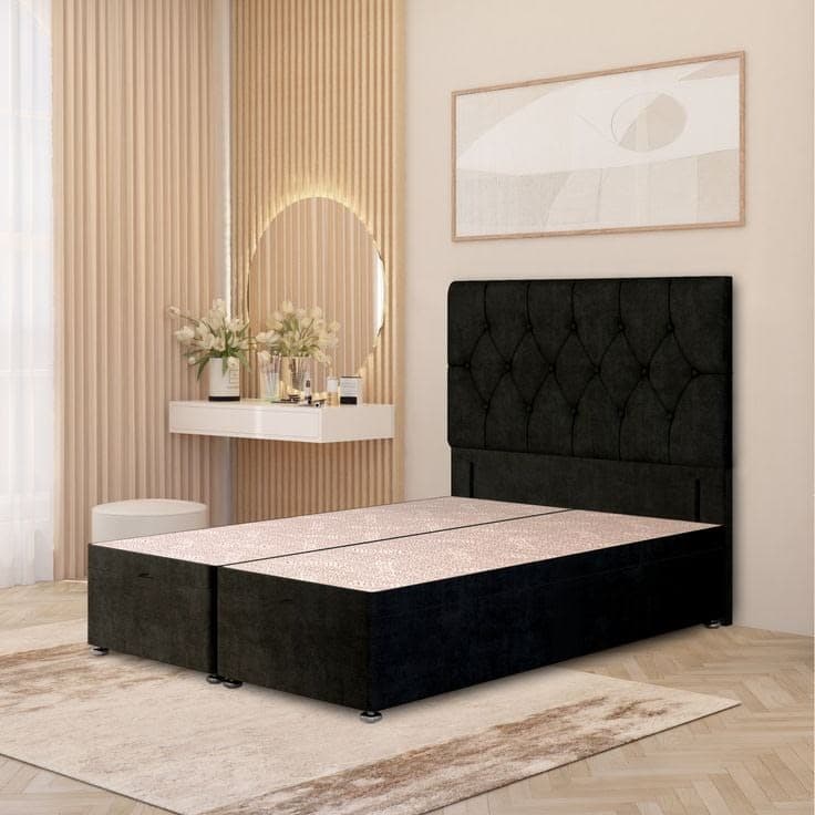 Chesterfield Velvet Divan Ottoman Bed Gas Lift with 54-Inch Floor Standing Headboard - Black