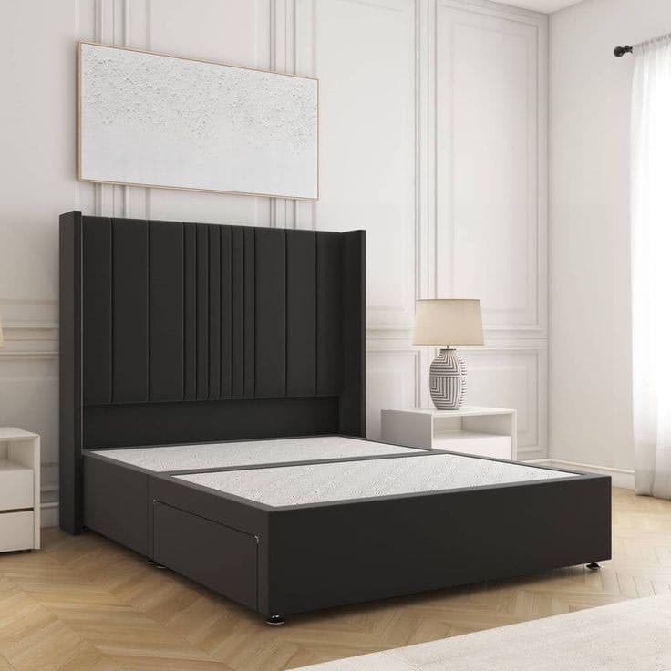 BSSPOKE Charlotte Divan Bed Plush Velvet 54-Inch Headboard & No Mattress No Drawers in Black - Super King