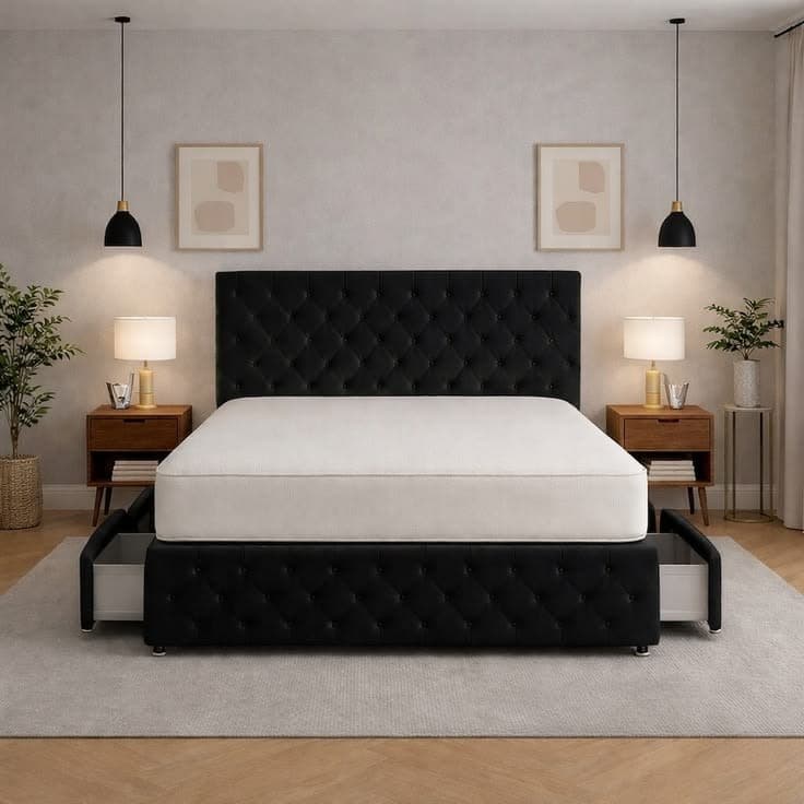 4FT6 Double Black Plush Divan Bed with Head and Footboard Set - 4 Drawers