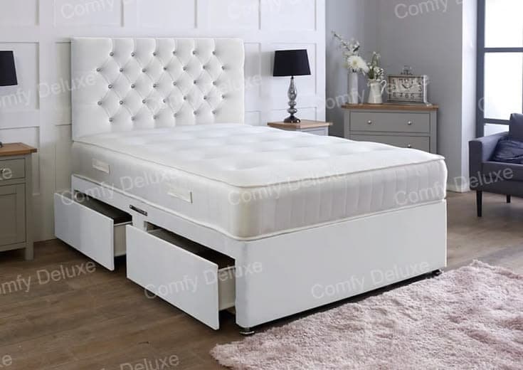 3ft Single White Plush Velvet Divan Bed With Headboard & Memory Sprung Mattress 2 Drawers Same Side