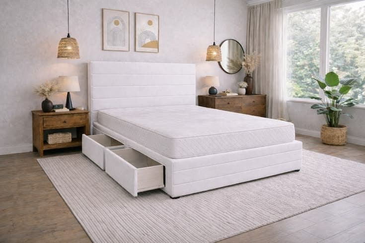 Divan Bed Set Headboard and Footboard with Mattress 4ft6 Double White Suede