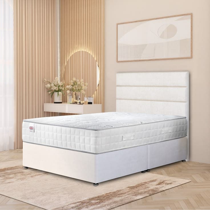 White Plush Divan Bed with Horizontal Paneled Headboard & Mattress
