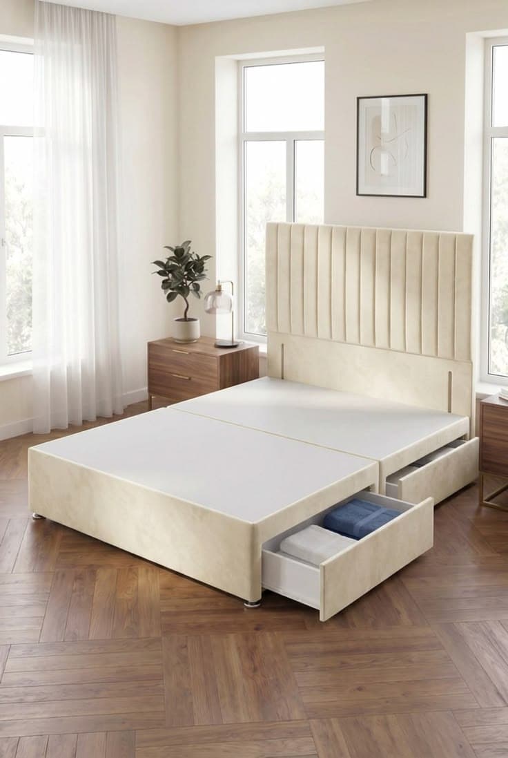 Ivory Somnior Eleanor Divan Bed Base with 2 Drawers & 54-Inch Floor Standing Headboard