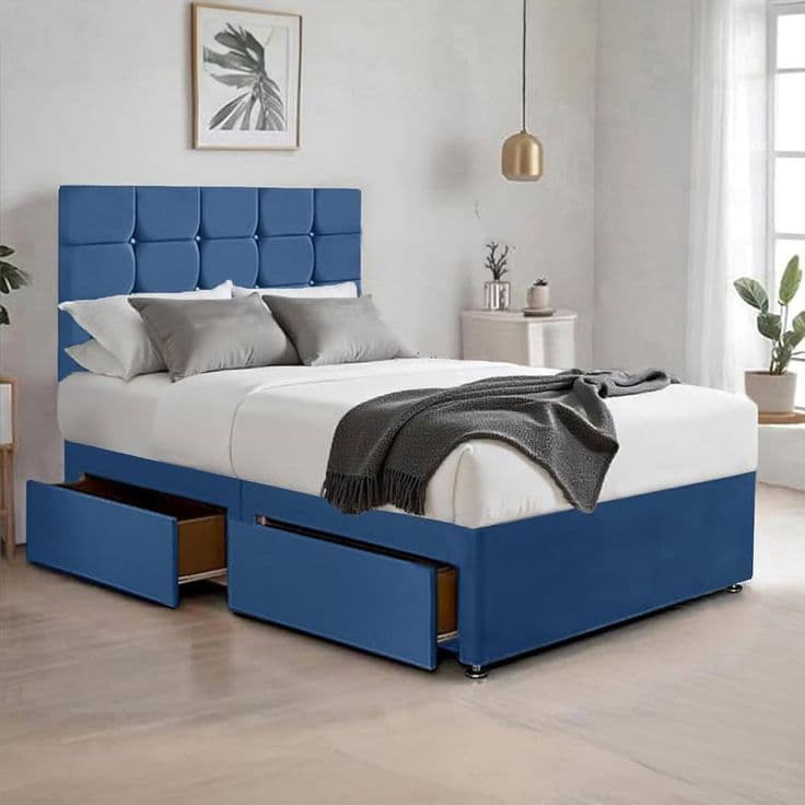 Blue Plush Divan Bed Set with 2 Drawers, 20-Inch Cubic Headboard & Mattress