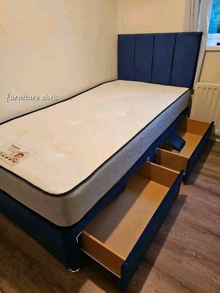 Navy Blue Single Bed Frame with Mattress & 2 Drawers