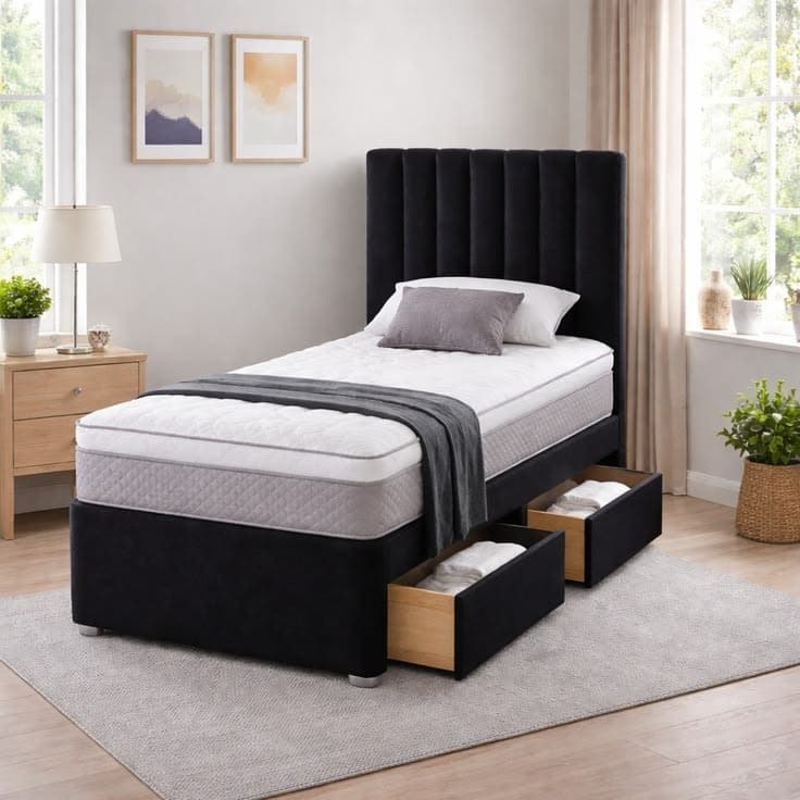 Black Plush Velvet Divan Bed Set with 2 Drawers, Tall Vertical Headboard & Mattress