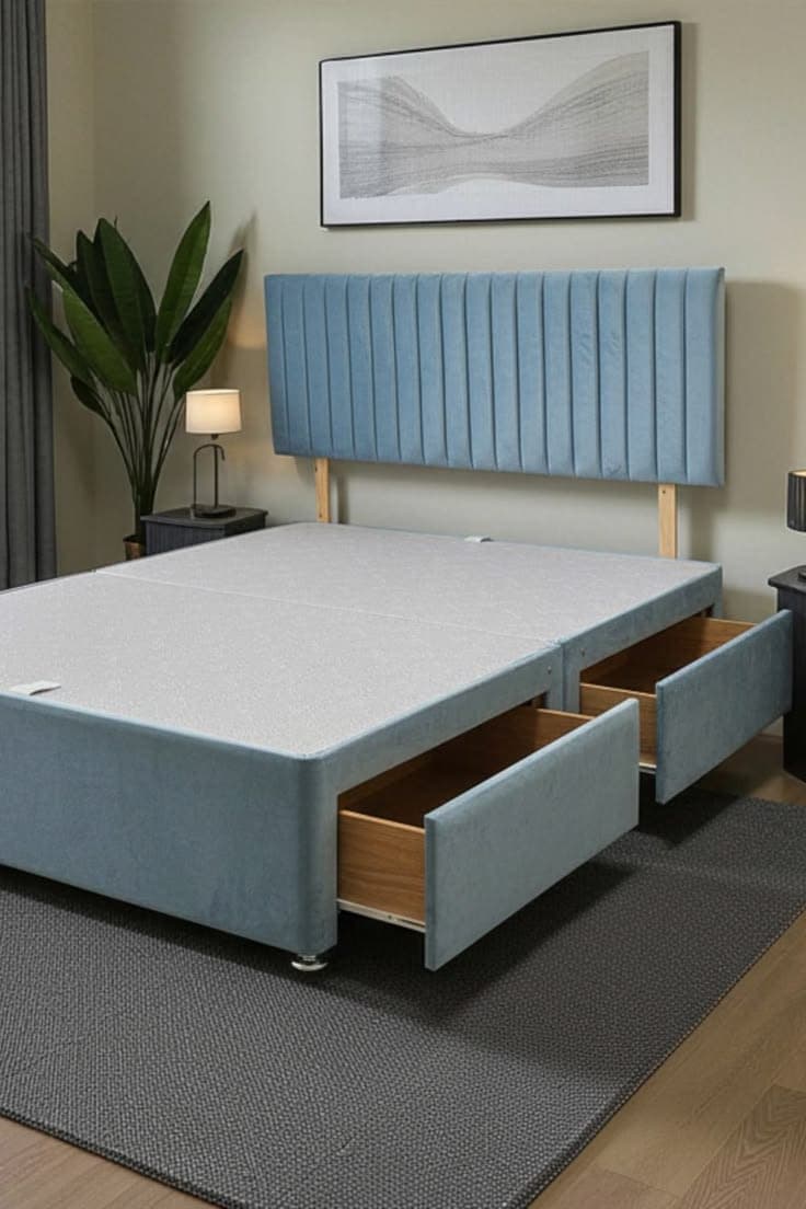 Knight Sleep Emily Divan Bed Base with 2 Drawers & Headboard in Light Blue