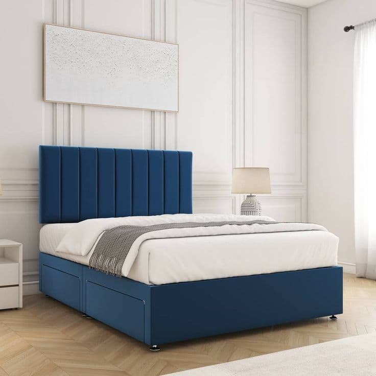 BSSPOKE Aria Velvet Divan Bed Set with 2 Drawers, 24 Headboard & Mattress in Blue