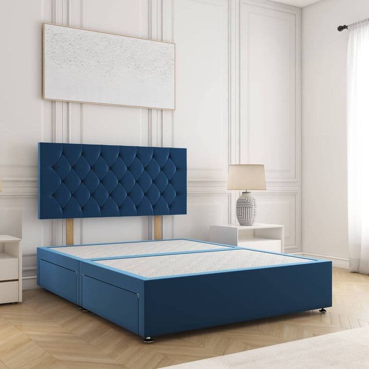 BSSPOKE Mia Velvet Plush Divan Bed Base with 24 Headboard & 4 Drawers in Blue