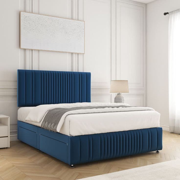 Blue BSSPOKE Rosie Plush Velvet Divan Bed Set with 24 Headboard & Mattress
