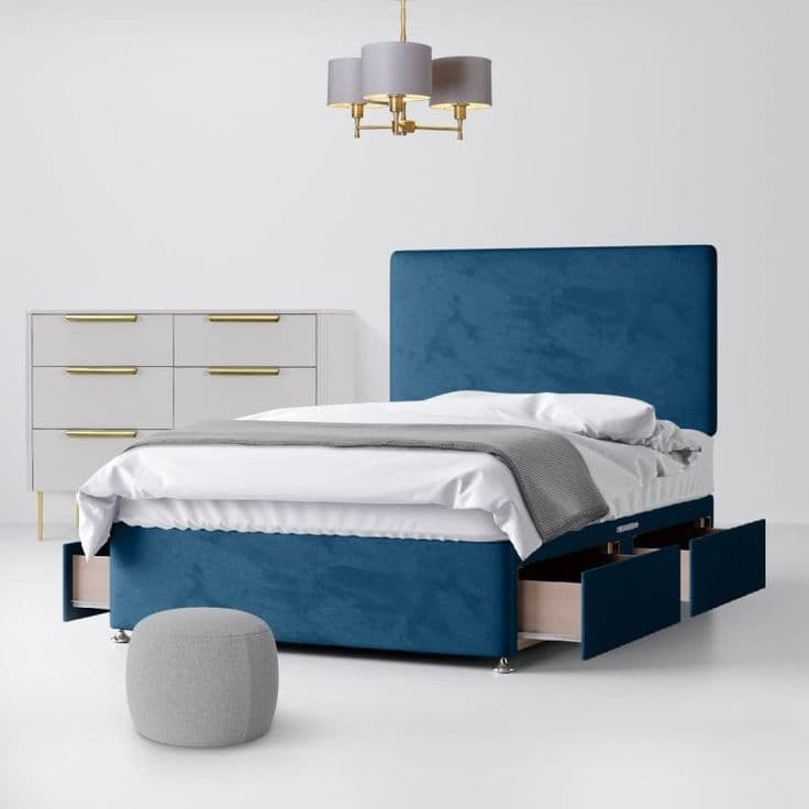 Cornell Plain Blue Marine Velvet 4-Drawer Divan Bed