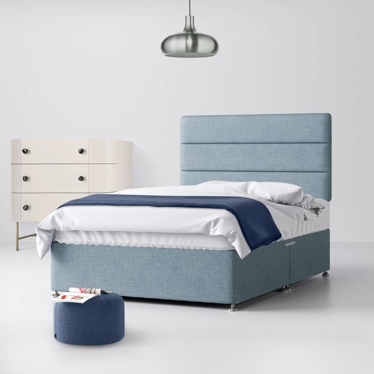 Duck Egg Fabric Divan Bed with Cornell Line Headboard