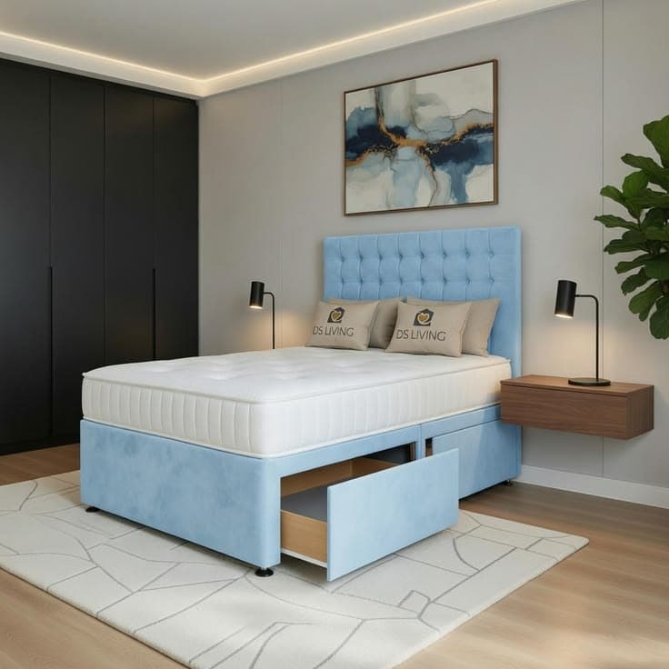 Casia Light Blue Velvet Two Drawer Bed
