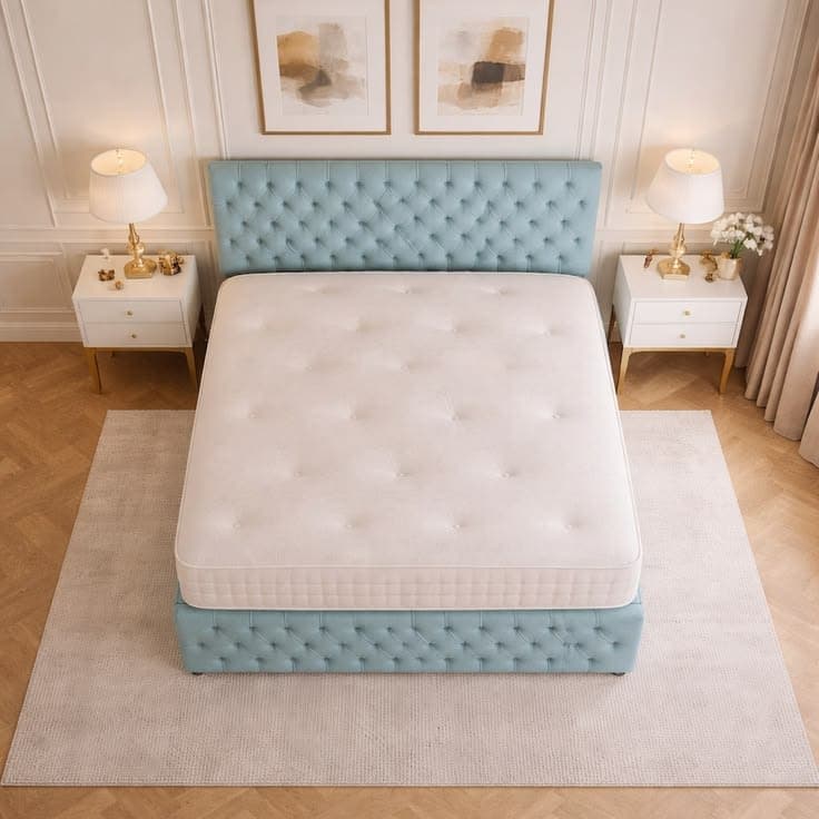 Light Blue Plush Divan Bed Set with Tufted Head and Footboard